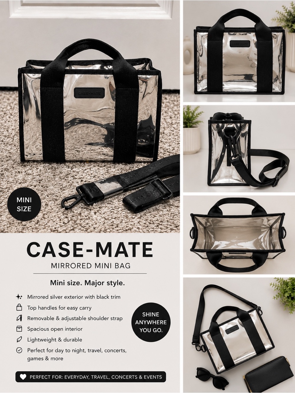 case-mate Mirrored Mini Bag — Silver with Black Trim